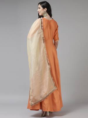 Indo Era Orange Embroidered A-line Kurta With Dupatta Set 2