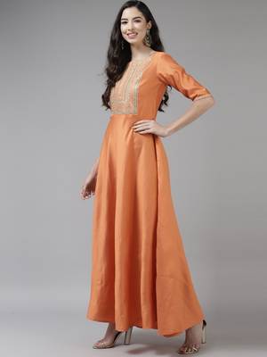 Indo Era Orange Embroidered A-line Kurta With Dupatta Set 3