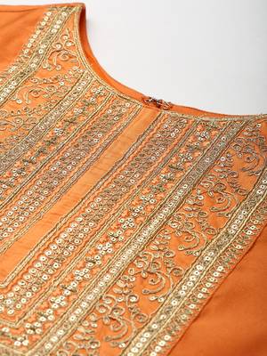 Indo Era Orange Embroidered A-line Kurta With Dupatta Set 4