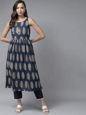 Indo Era Blue Floral Printed A-line Kurta 1