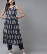 Indo Era Blue Floral Printed A-line Kurta