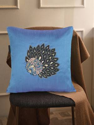 Mezposh Dazzle Air Force Blue & Metallic Quirky Embellished Faux Silk Cushion Cover (16x16) 1