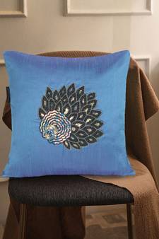 Mezposh Dazzle Air Force Blue & Metallic Quirky Embellished Faux Silk Cushion Cover (16x16)