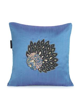 Mezposh Dazzle Air Force Blue & Metallic Quirky Embellished Faux Silk Cushion Cover (16x16) 2