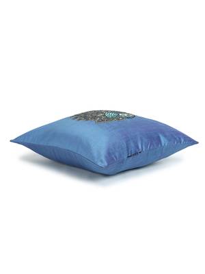 Mezposh Dazzle Air Force Blue & Metallic Quirky Embellished Faux Silk Cushion Cover (16x16) 4