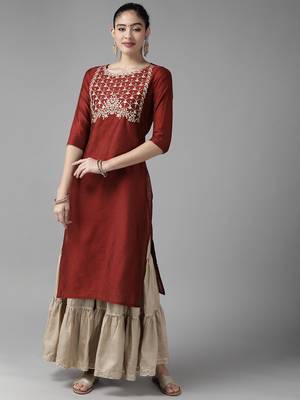 Indo Era Maroon Embroidered Straight Kurtas 1