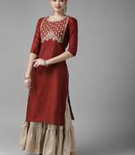 Indo Era Maroon Embroidered Straight Kurtas