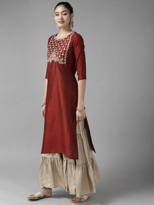 Indo Era Maroon Embroidered Straight Kurtas 3