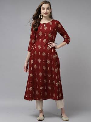 Indo Era Maroon Foil Printed A-line Kurtas 1