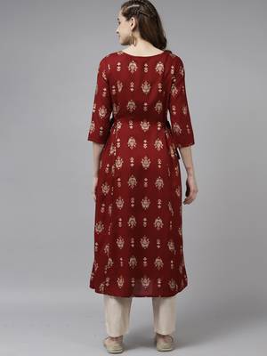 Indo Era Maroon Foil Printed A-line Kurtas 2