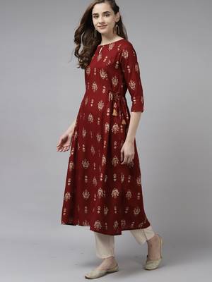 Indo Era Maroon Foil Printed A-line Kurtas 3