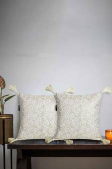 Mezposh Dazzle Lemon Yellow & White Floral Embroidered Faux Silk Cushion Covers (16x16)  Set of 2