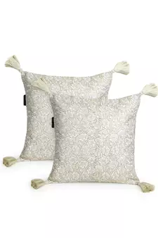 Mezposh Dazzle Lemon Yellow & White Floral Embroidered Faux Silk Cushion Covers (16x16)  Set of 2