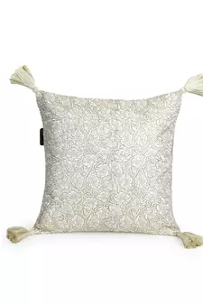Mezposh Dazzle Lemon Yellow & White Floral Embroidered Faux Silk Cushion Covers (16x16)  Set of 2