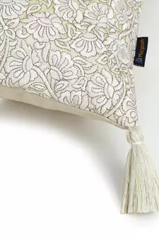 Mezposh Dazzle Lemon Yellow & White Floral Embroidered Faux Silk Cushion Covers (16x16)  Set of 2