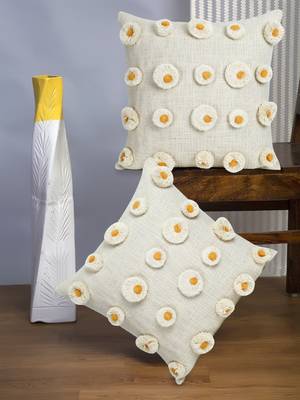 Mezposh Rustic Natural & Mustard Polka Cotton Cushion Covers (16x16)  Set of 2 1