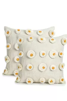 Mezposh Rustic Natural & Mustard Polka Cotton Cushion Covers (16x16)  Set of 2