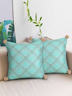 Mezposh Tribal Sea Green & Coral Ethnic Motifs Embroidered Faux Silk Cushion Covers (16x16)  Set of 2 1