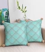 Mezposh Tribal Sea Green & Coral Ethnic Motifs Embroidered Faux Silk Cushion Covers (16x16)  Set of 2