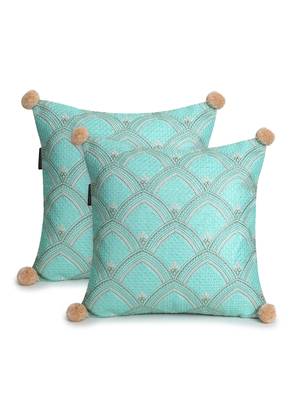 Mezposh Tribal Sea Green & Coral Ethnic Motifs Embroidered Faux Silk Cushion Covers (16x16)  Set of 2 2
