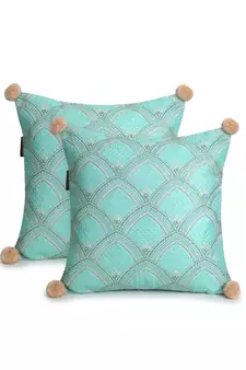 Mezposh Tribal Sea Green & Coral Ethnic Motifs Embroidered Faux Silk Cushion Covers (16x16)  Set of 2