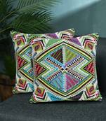 Mezposh Tribal Natural & Multi Ethnic Motifs Embroidered Cotton Cushion Covers (14x14 )  Set of 2