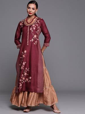 Indo Era Maroon Foil Printed Straight Kurtas 1