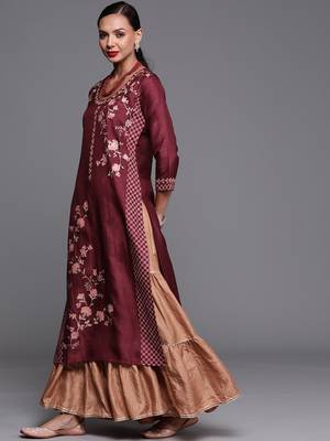 Indo Era Maroon Foil Printed Straight Kurtas 3