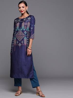 Indo Era Navy Blue Foil Printed Straight Kurtas 1