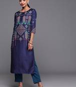 Indo Era Navy Blue Foil Printed Straight Kurtas