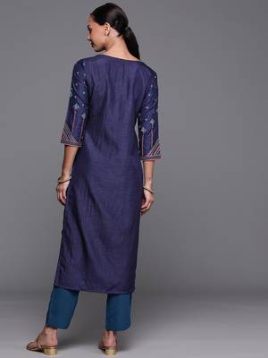 Indo Era Navy Blue Foil Printed Straight Kurtas 2