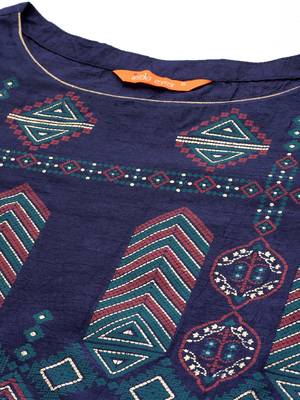 Indo Era Navy Blue Foil Printed Straight Kurtas 4