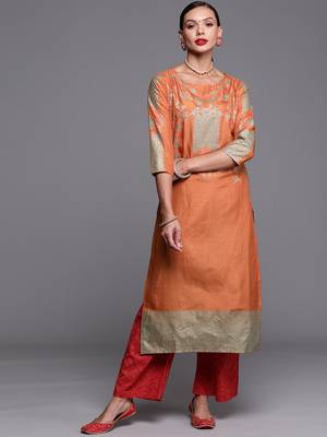 Indo Era Orange Foil Printed Straight Kurtas 1