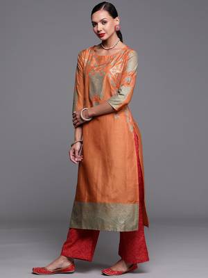 Indo Era Orange Foil Printed Straight Kurtas 3