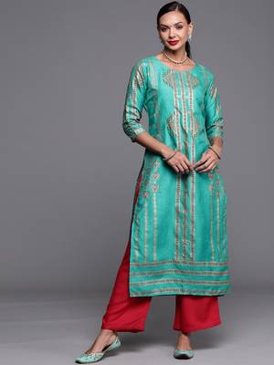 Indo Era Sea Green Foil Printed Straight Kurtas 1