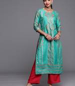 Indo Era Sea Green Foil Printed Straight Kurtas
