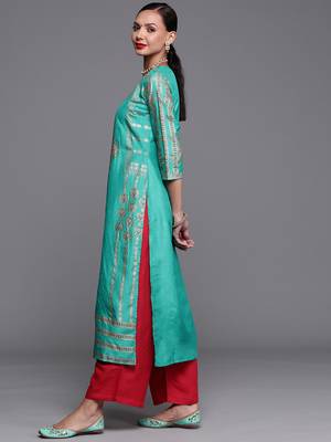 Indo Era Sea Green Foil Printed Straight Kurtas 3