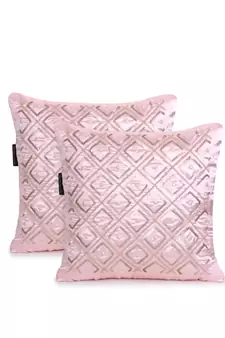 Mezposh Dazzle Baby Pink Geometric Embellished Satin Cushion Covers (14x14)  Set of 2