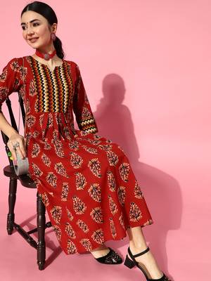 Indo Era Red Floral Printed A-line Kurtas 1