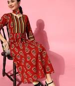 Indo Era Red Floral Printed A-line Kurtas