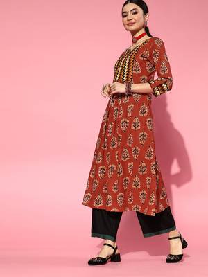 Indo Era Red Floral Printed A-line Kurtas 3
