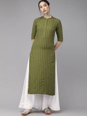 Indo Era Green Striped Straight Kurtas 1