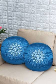 Mezposh Dazzle Royal Blue & White Floral Mandala Embellished Satin Cushion Covers (16)  Set of 2