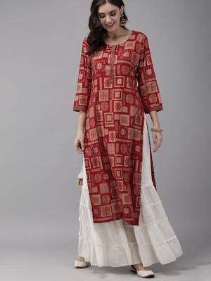 Indo Era Red Foil Geometric Printed Straight Kurtas 1
