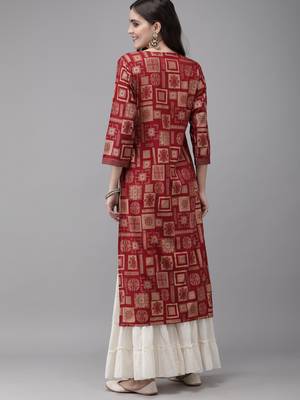Indo Era Red Foil Geometric Printed Straight Kurtas 2
