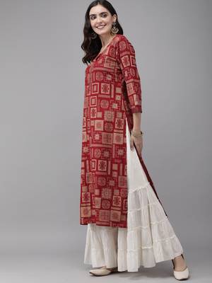 Indo Era Red Foil Geometric Printed Straight Kurtas 3