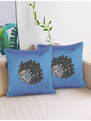Mezposh Dazzle Air Force Blue & Metallic Quirky Embellished Faux Silk Cushion Covers (16x16)  Set of 2 1