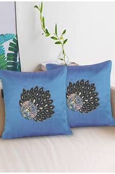 Mezposh Dazzle Air Force Blue & Metallic Quirky Embellished Faux Silk Cushion Covers (16x16)  Set of 2