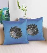Mezposh Dazzle Air Force Blue & Metallic Quirky Embellished Faux Silk Cushion Covers (16x16)  Set of 2
