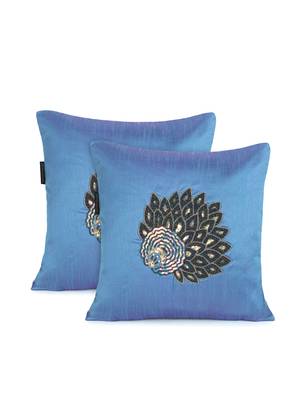 Mezposh Dazzle Air Force Blue & Metallic Quirky Embellished Faux Silk Cushion Covers (16x16)  Set of 2 2